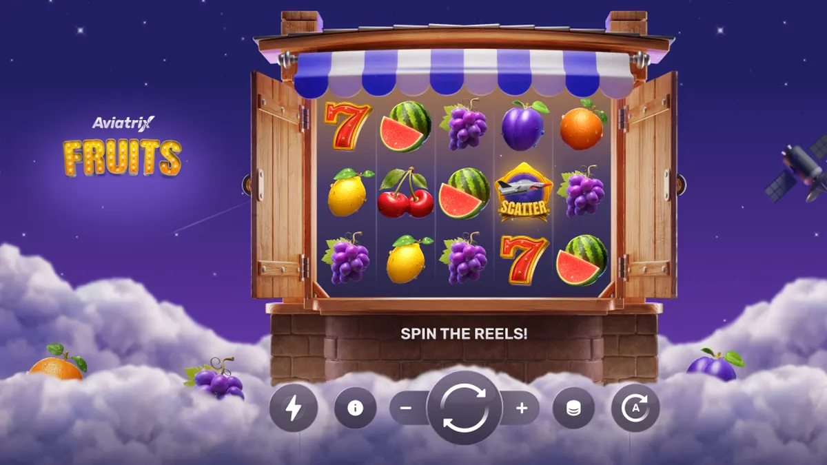 Interface do jogo Aviatrix Fruits mostrando aeronaves e símbolos clássicos de frutas