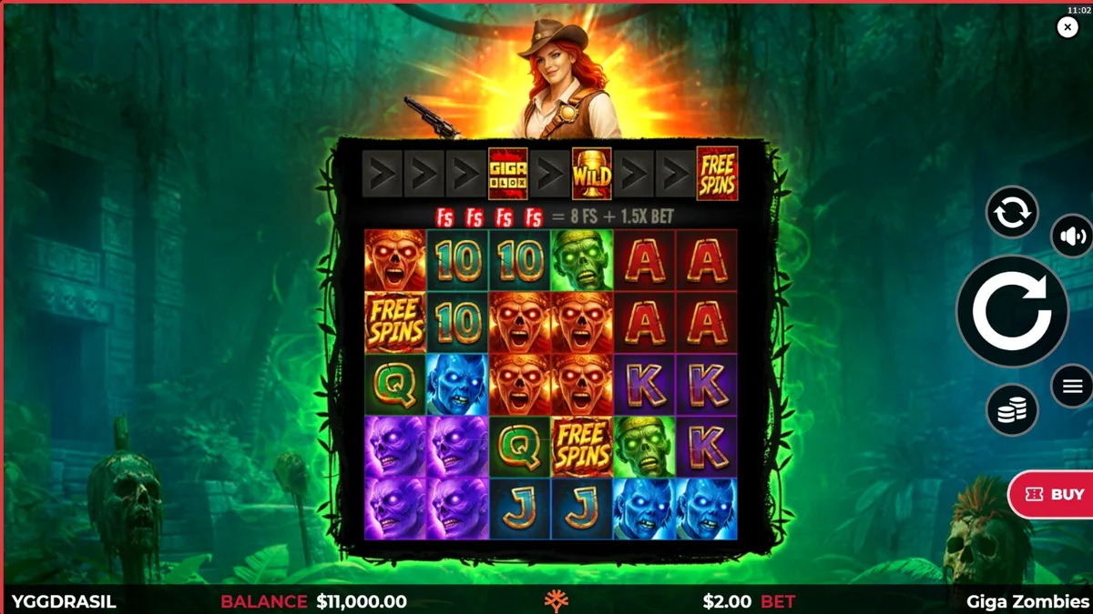 Cenário de selva maia com zumbis e uma caçadora no slot Giga Zombies