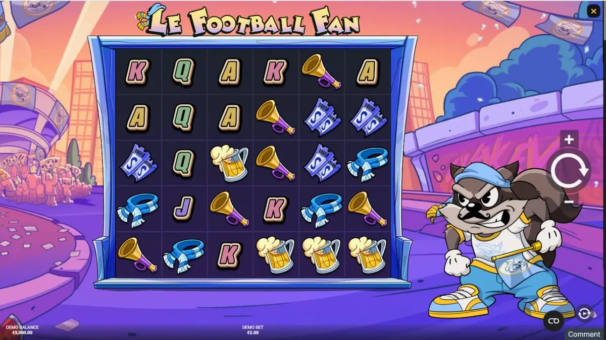 Mascote guaxinim no slot Le Football Fan da Hacksaw Gaming