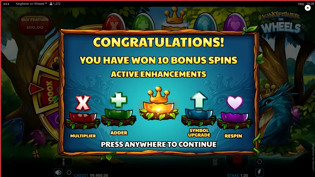 Kingfisher on Wheels slot machine interface com tema de natureza e roda da fortuna